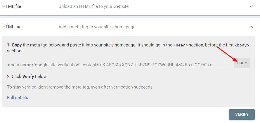 Verify website using HTML meta tag