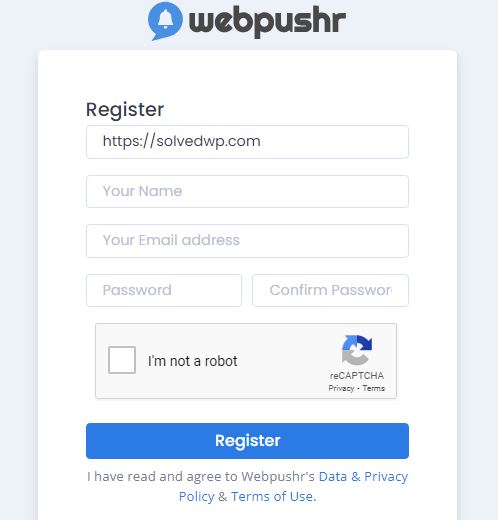 Webpushr registration page